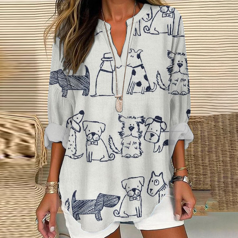 Comstylish Women's Dogs Printed Casual Linen Blouse