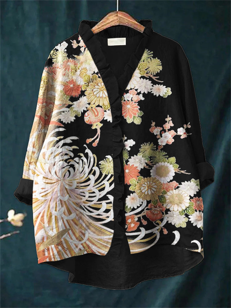Comstylish Japanese Chrysanthemum Floral Art Ruffle Trim Linen Blouse