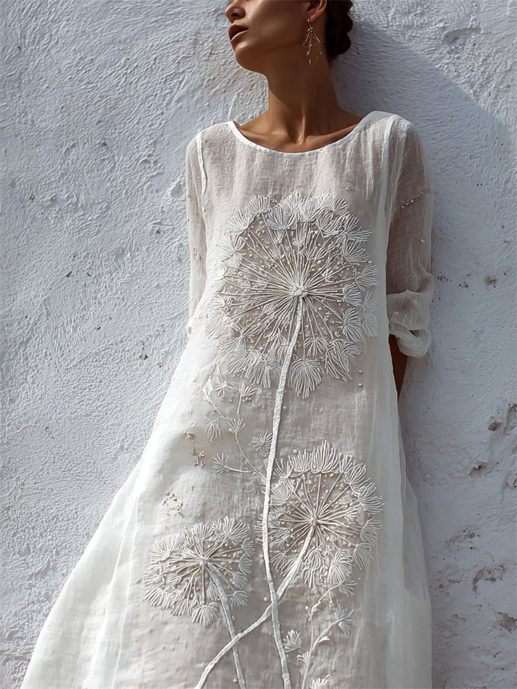 Vintage Classy Dandelion Embroidered Flowy Linen Maxi Dress artswardrobe