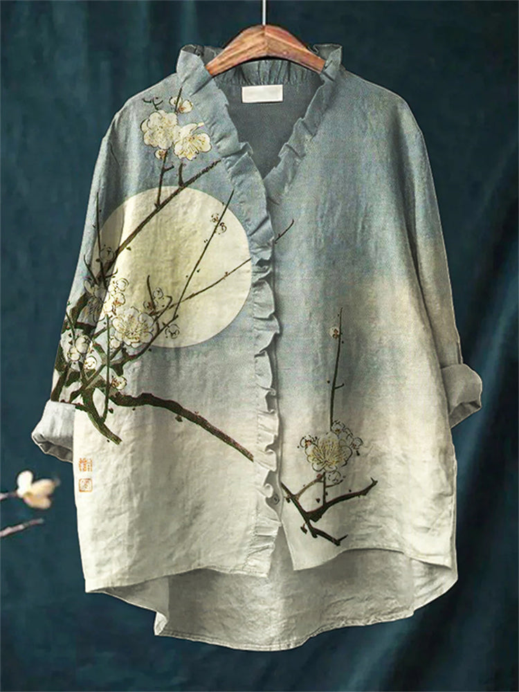 Comstylish Plum Blossom Moon Gradient Japanese Art Ruffle Trim Linen Blouse