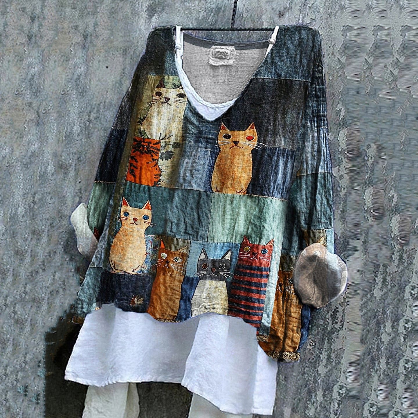 Casual Pop Cat Patchwork Cotton Linen V-neck Blouse elevenforest