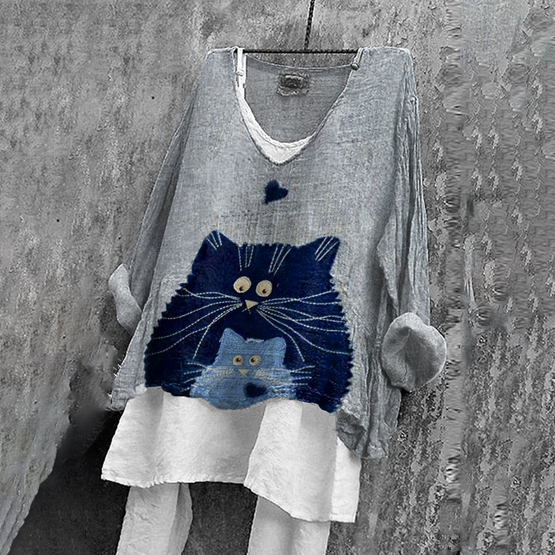 Vintage Abstract Cat Embroidered Art Linen Blend Blouse elevenforest