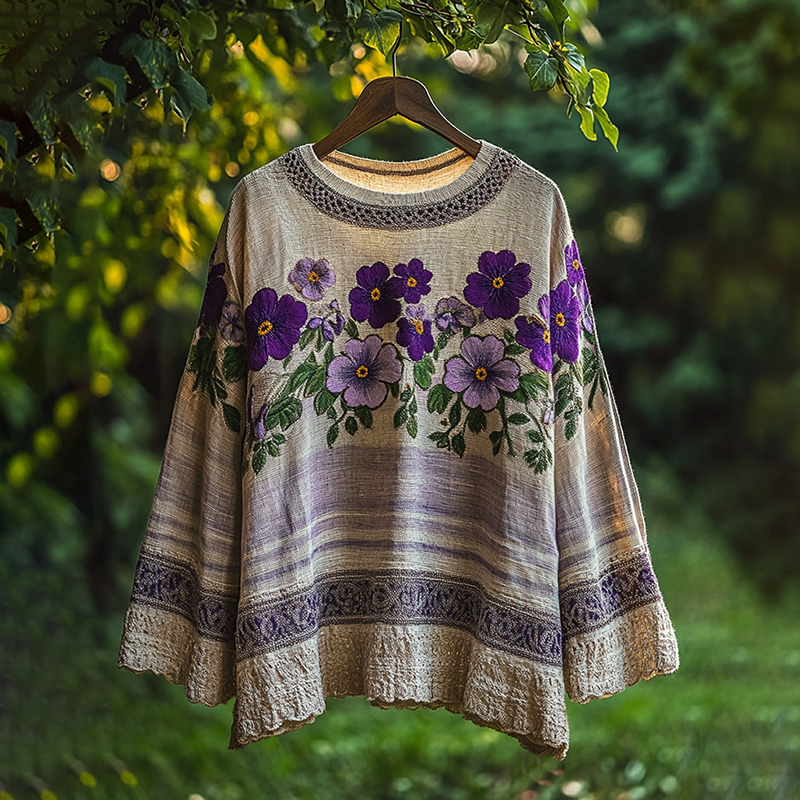 Women's Vintage Floral Embroidery Linen Blend Loose T-shirt artswardrobe