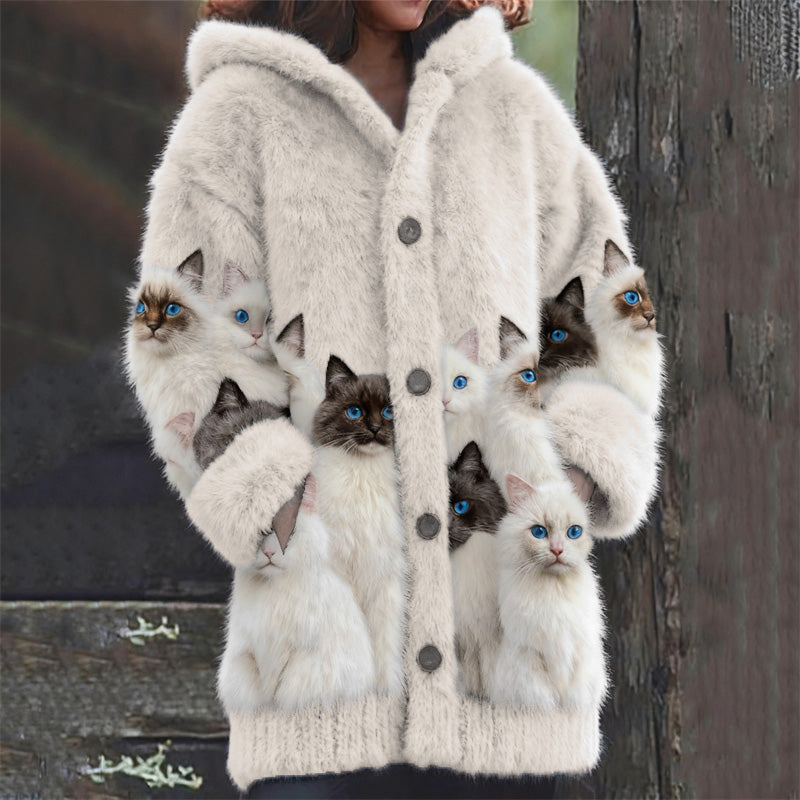 Comstylish Classy Fuzzy Cats Art Cozy Knit Hooded Cardigan