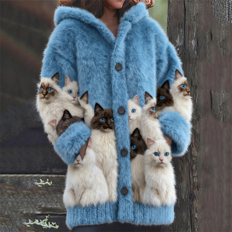 Comstylish Classy Fuzzy Cats Art Cozy Knit Hooded Cardigan