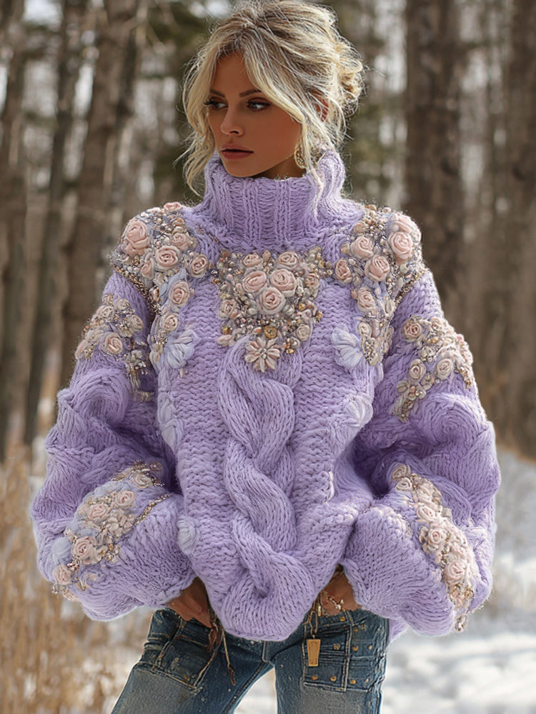 Women's Vintage Embroidery Rose Art Knit Cozy High Neck Sweater artswardrobe