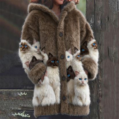 Comstylish Classy Fuzzy Cats Art Cozy Knit Hooded Cardigan