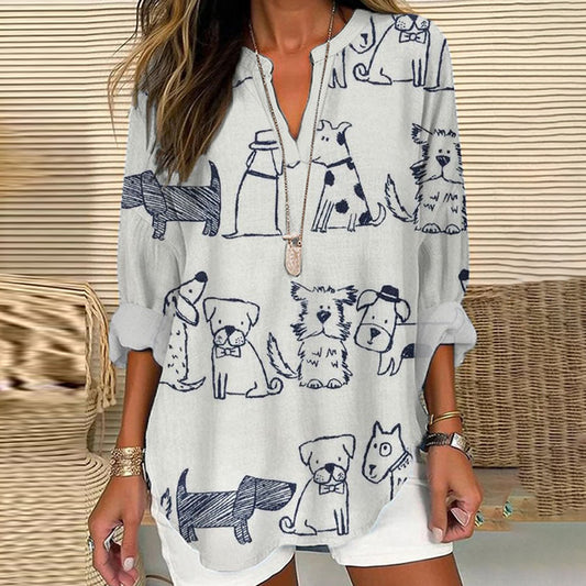 Comstylish Women's Dogs Printed Casual Linen Blouse