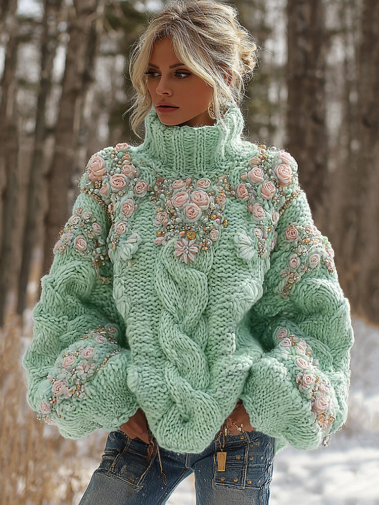 Women's Vintage Embroidery Rose Art Knit Cozy High Neck Sweater artswardrobe