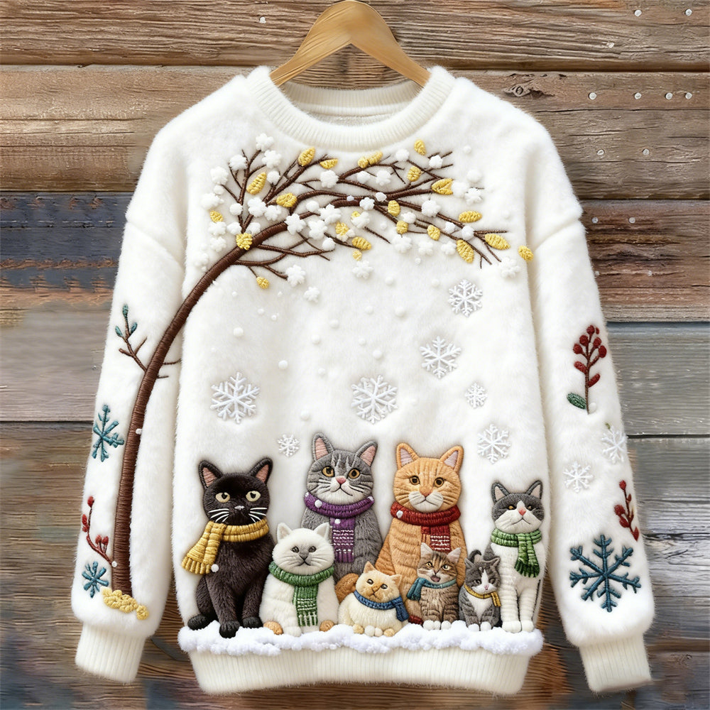 Comstylish Christmas Cats Embroidery Women's Cozy Plush Sweater
