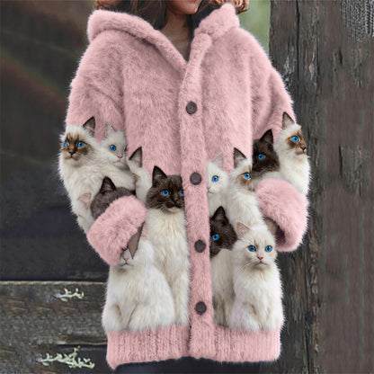 Comstylish Classy Fuzzy Cats Art Cozy Knit Hooded Cardigan