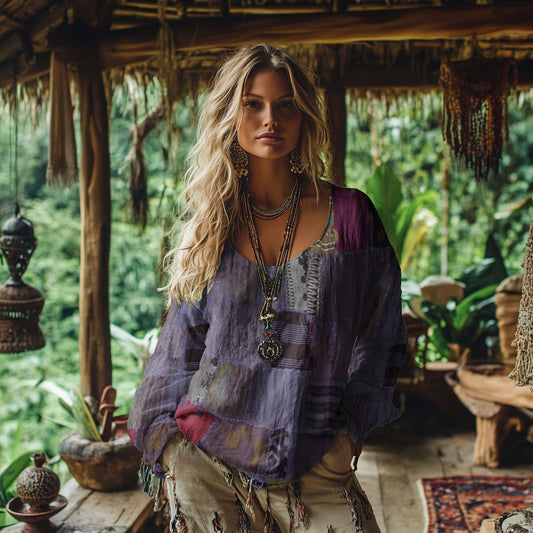 Retro Bohemian Resort Patchwork Art Print Cotton And Linen Blend Loose Blouse artswardrobe