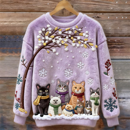 Comstylish Christmas Cats Embroidery Women's Cozy Plush Sweater