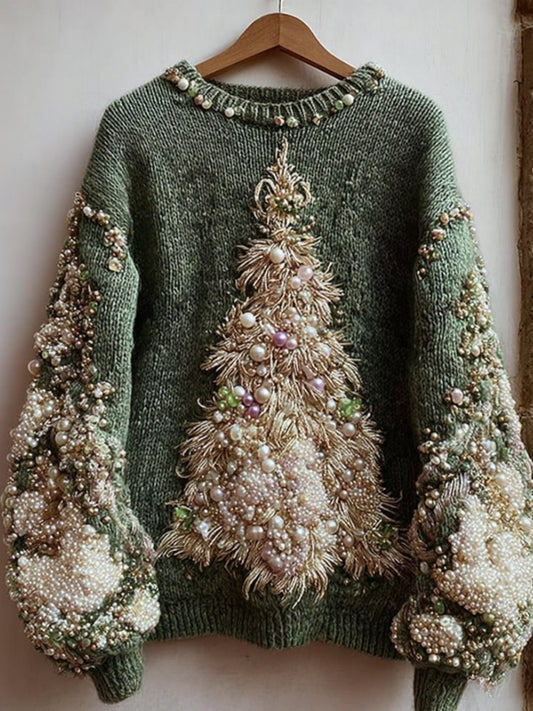Comstylish Vintage Pearl Christmas Tree Embroidered Green Vintage Round Neck Sweater
