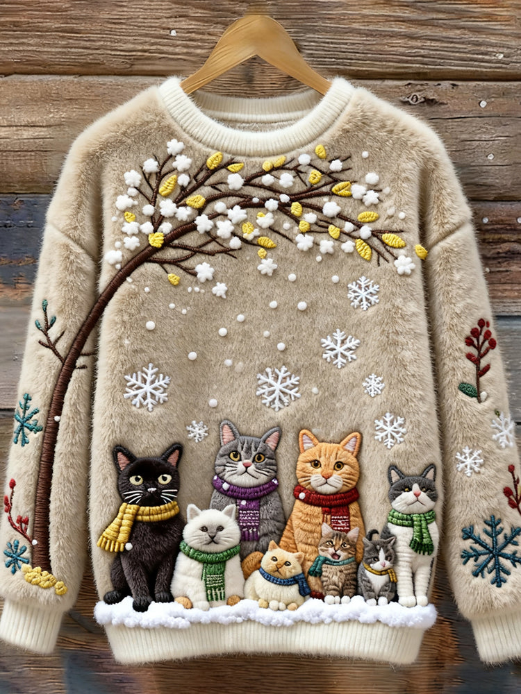 Comstylish Christmas Cats Embroidery Women's Cozy Plush Sweater