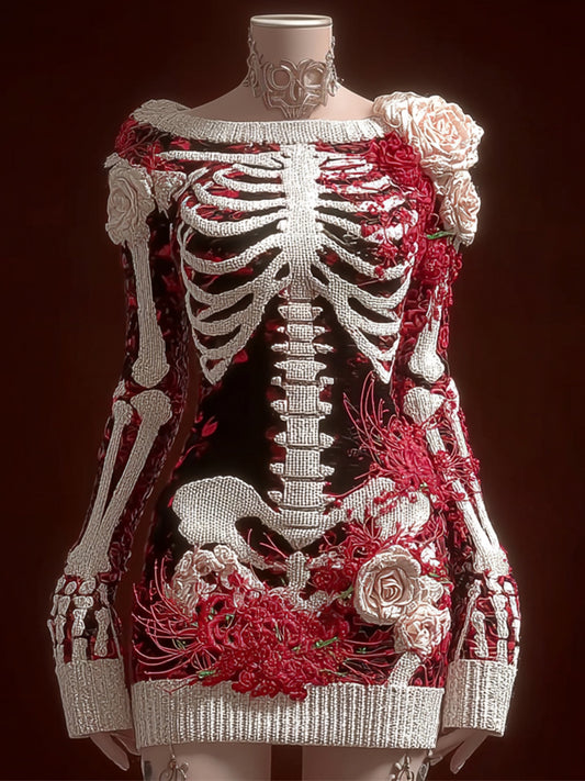Halloween Skeleton & Higanbana Flowers Embroidered Women's Knit Mini Dress artswardrobe